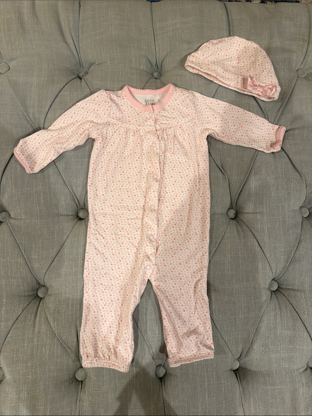 Baby Girl Pink Floral Snap-Front Footie with Matching Hat